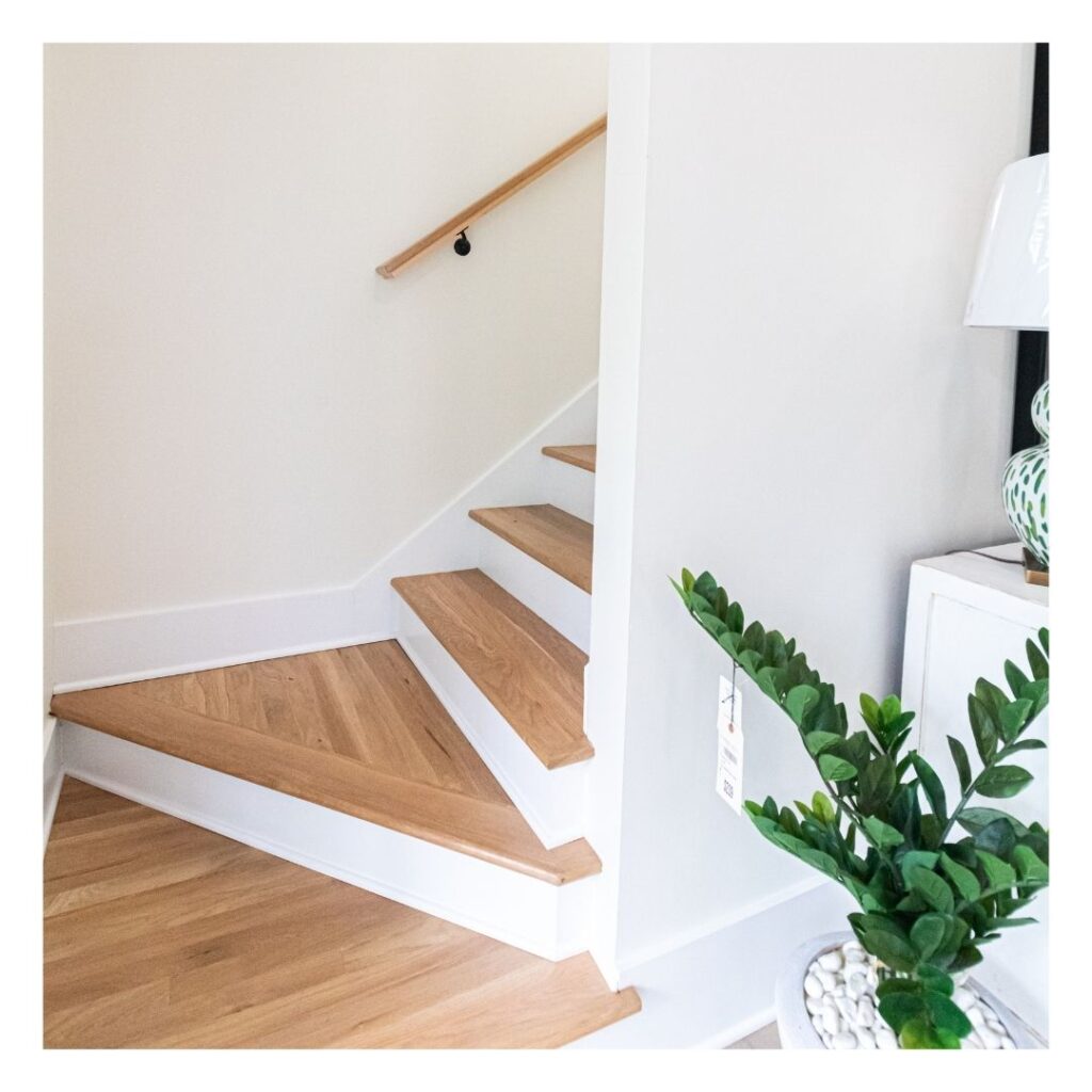 The bottom of a staircase styled with a bright green plant