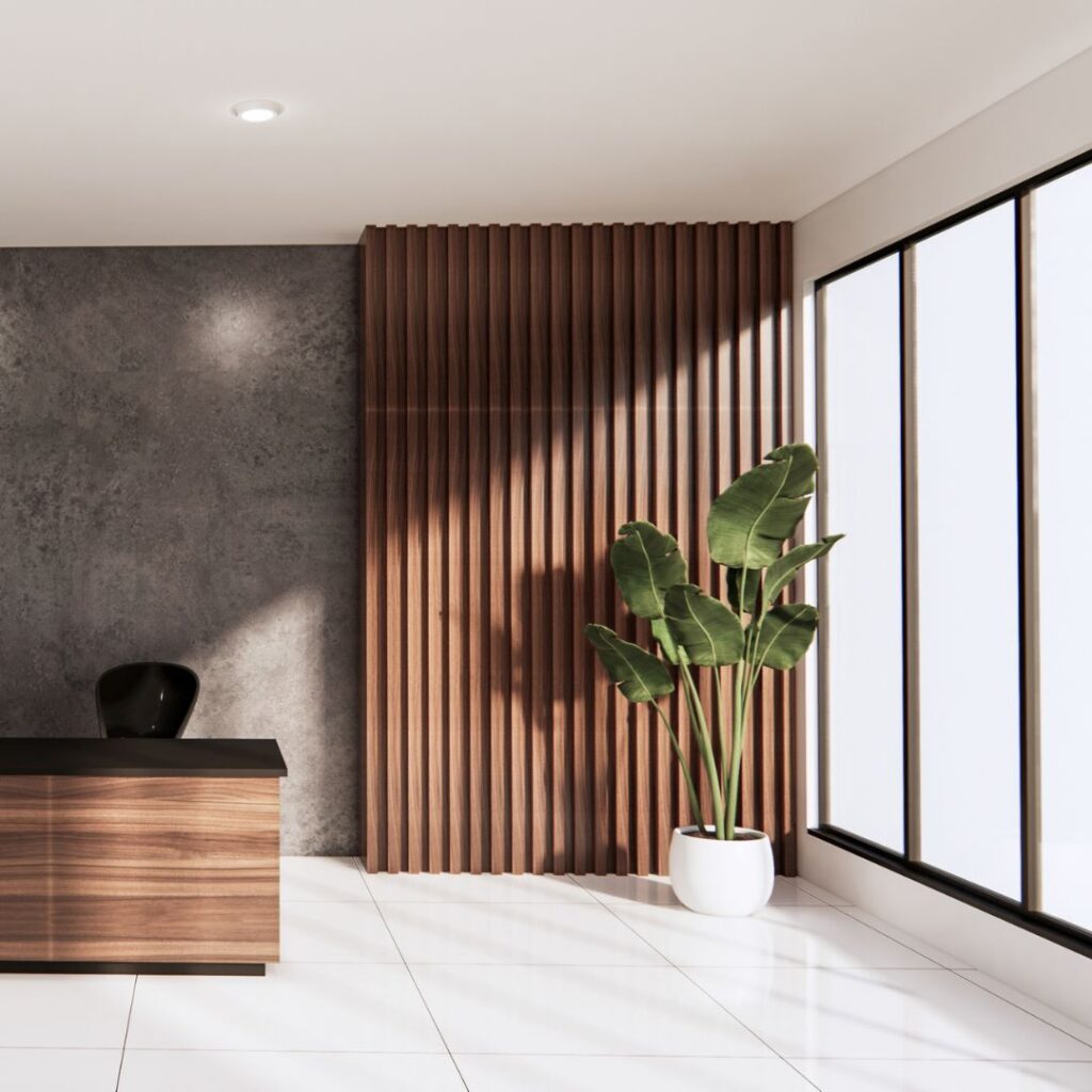 wood accents in an office with plants